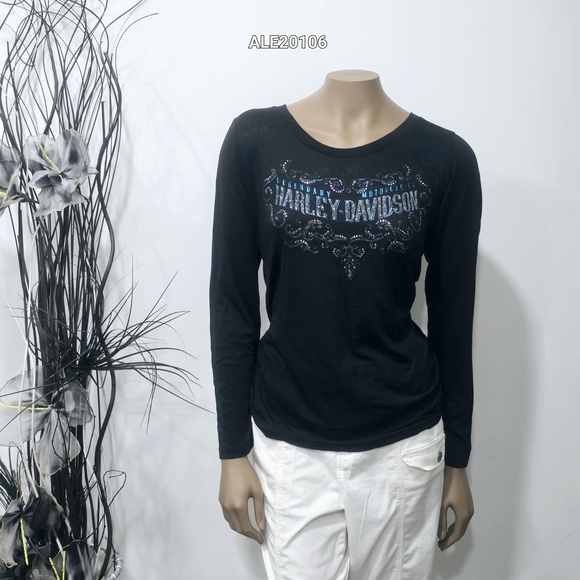 Harley-Davidson Tops - Harley-Davidson women's black translucent long-sleeved t-shirt rhinestone Large